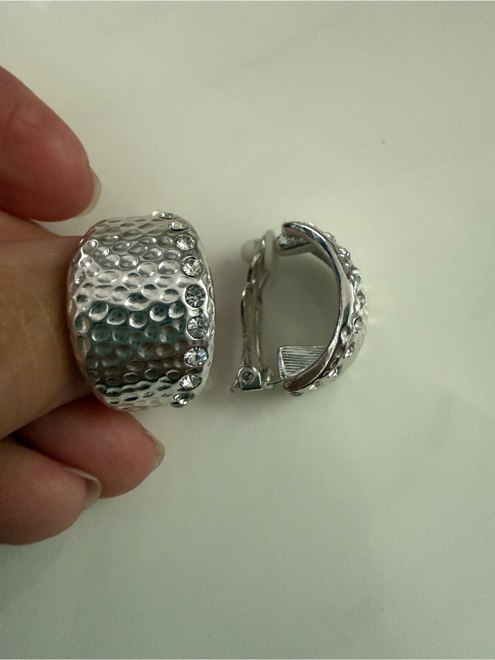 Hammered Silver Tone Clip-On Earrings with Crystal Accents